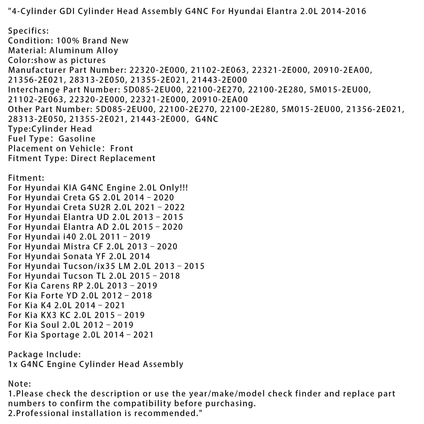Gruppo testata GDI a 4 cilindri G4NC per Hyundai Elantra 2.0L 2014-2016
