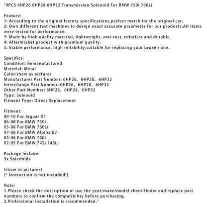 Solenoide di trasmissione BMW 760Li 9 pezzi 6HP26 6HP28 6HP32 2003-2008