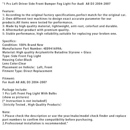 2004-2007 Audi A8 D3 1 pezzo Fendinebbia paraurti anteriore lato guida sinistro