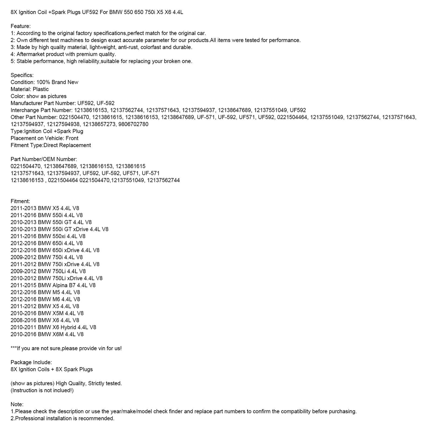 2012-2016 BMW 650i 4.4L V8 8X Bobina di accensione + Candele UF592 0221504470