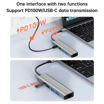 5 in 1 TYPE-C a USB3.0*1+USB2.0*1+PD100W/dati USB-C+HDMI+scheda di rete 100M per iPad