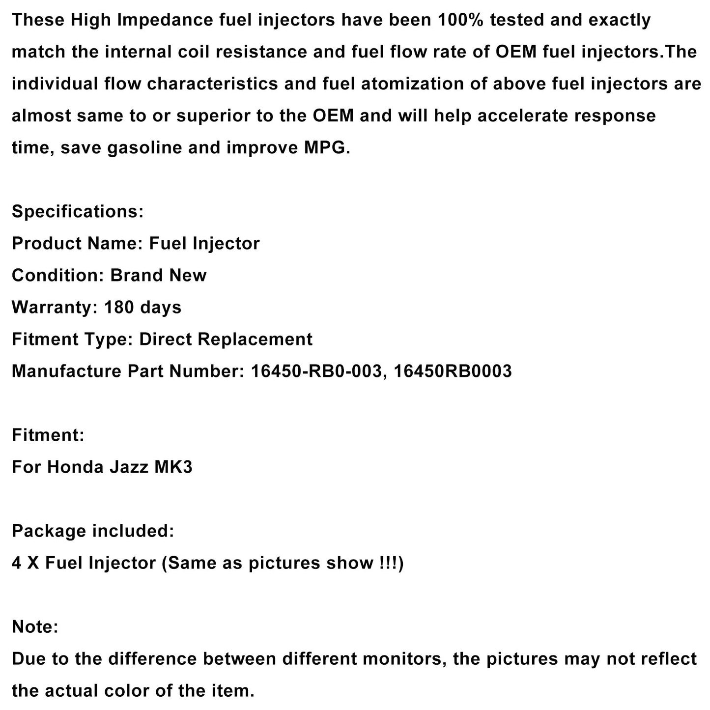 Iniettore di carburante Honda Jazz MK3 benzina 4 pezzi 16450-RB0-003 16450RB0003