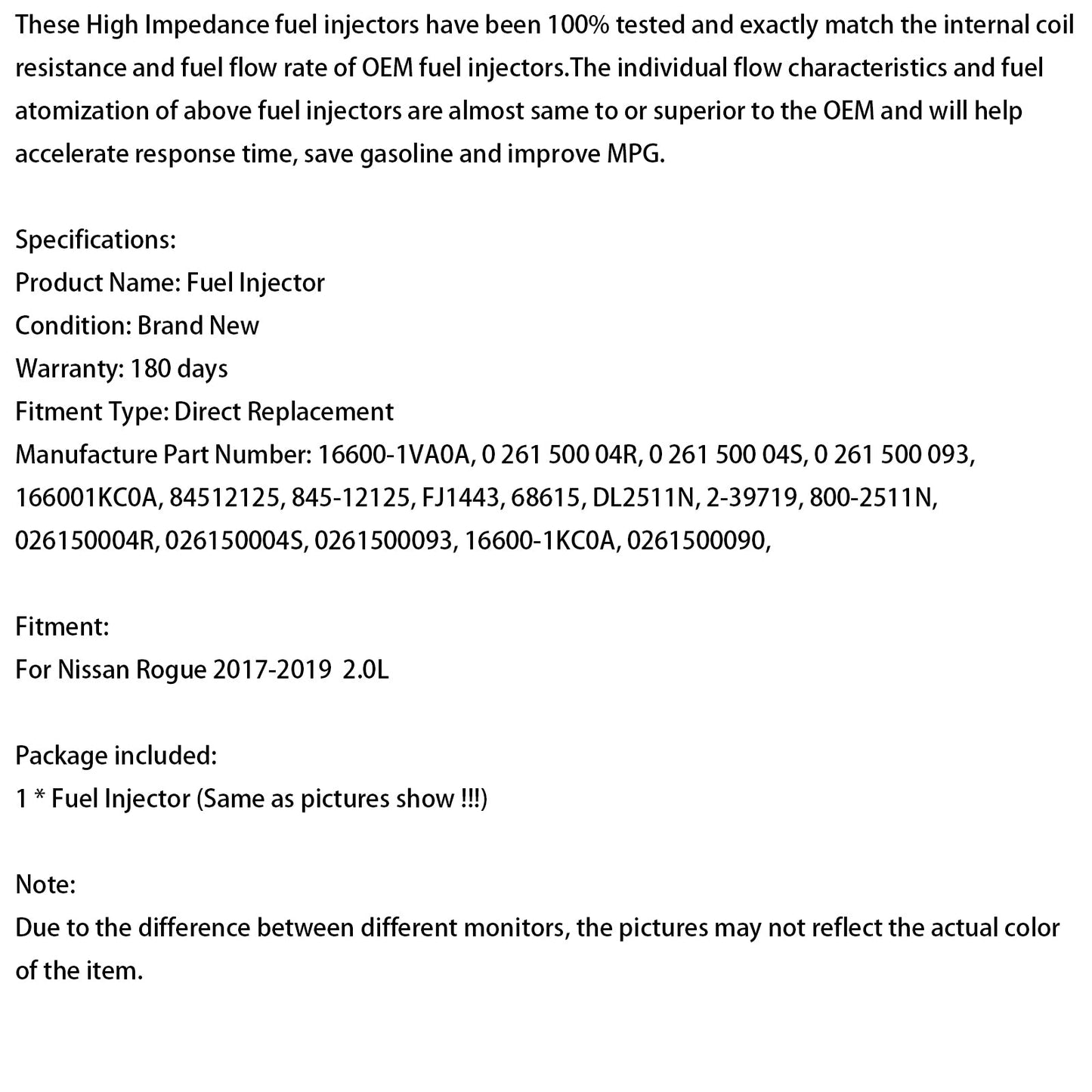 Iniettore di carburante Nissan Rogue 2.0L 2017-2019 1 pezzo 0261500090 16600-1VA0A