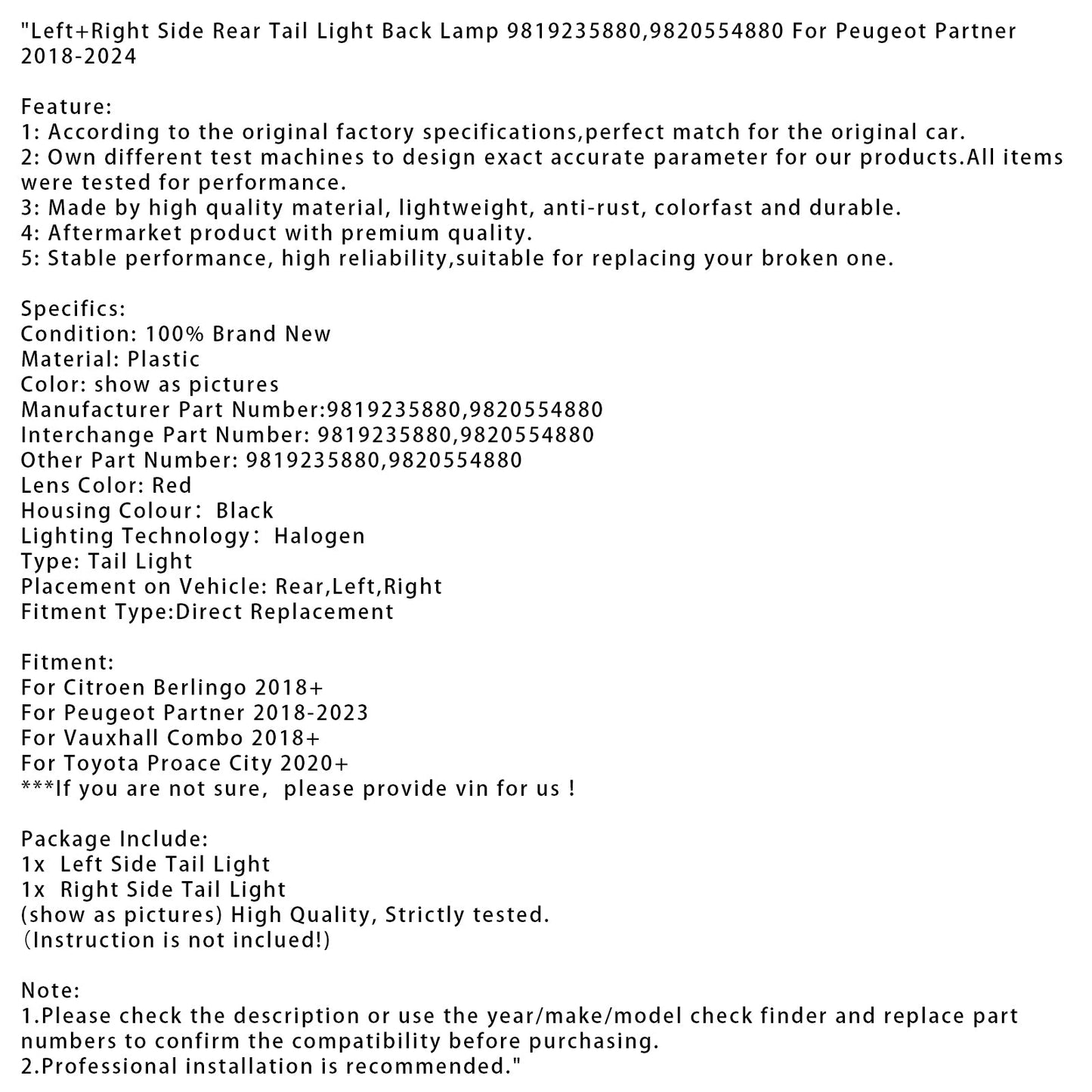 Fanale posteriore sinistro e destro Peugeot Partner 2018-2023 9819235880 9820554880