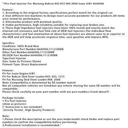 1 pz iniettore carburante per Mustang Bobcat 843 853 960 2060 Isuzu 4JB1 6646906