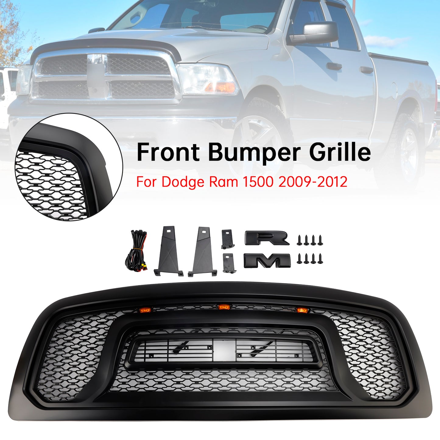 Griglia paraurti anteriore nera con luce a LED per Dodge Ram 1500 2009-2012