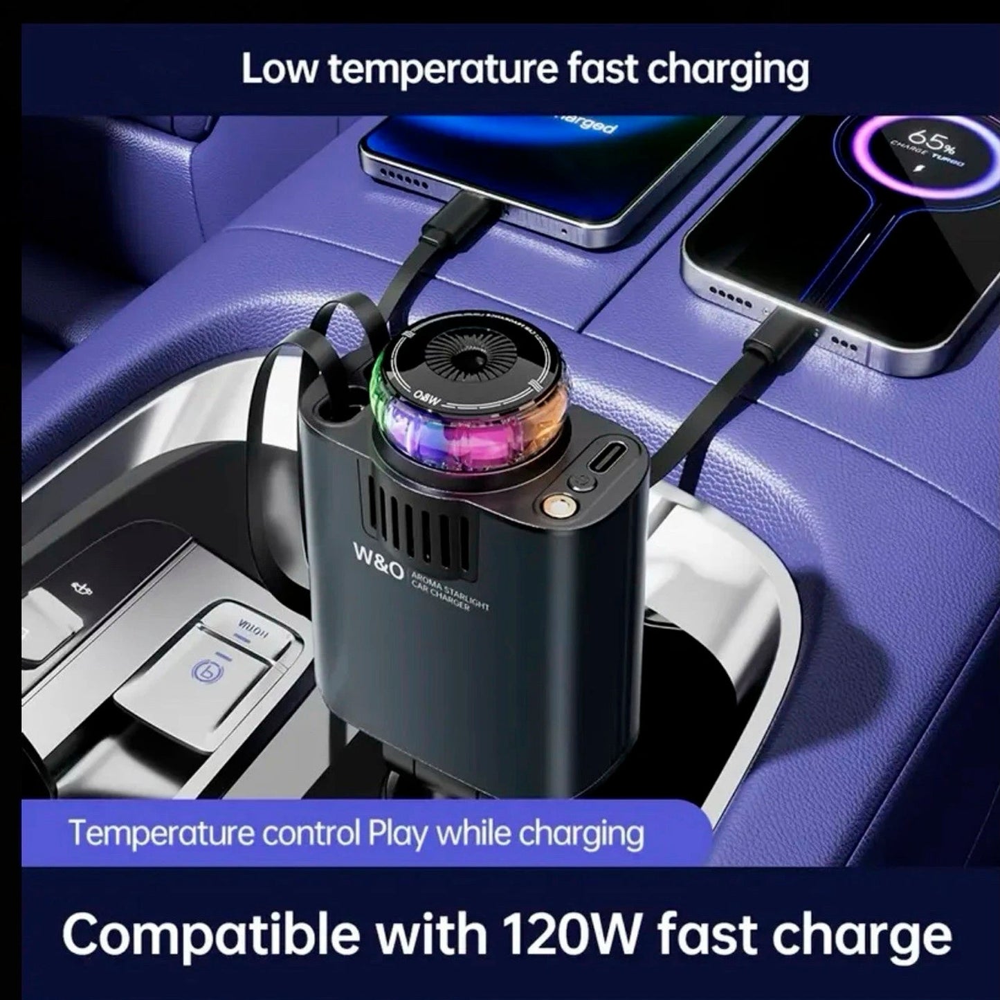 Caricabatterie per auto super veloce da 120 W con cavo retrattile Caricabatterie intelligente per deodoranti per ambienti
