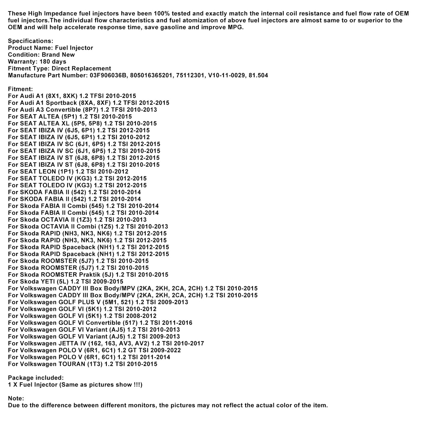Iniettore di carburante 4 pezzi 03F906036B adatto per Audi A1 A3 adatto per VW Maggiolino Golf 6 1.2 TSI/TSFI