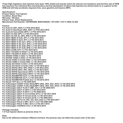 Iniettore di carburante 4 pezzi 03F906036B adatto per Audi A1 A3 adatto per VW Maggiolino Golf 6 1.2 TSI/TSFI