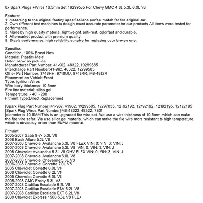 Candele Chevrolet Tahoe 5.3L V8 OHV 2008 + fili 10,5 mm Set 19299585 8 pezzi