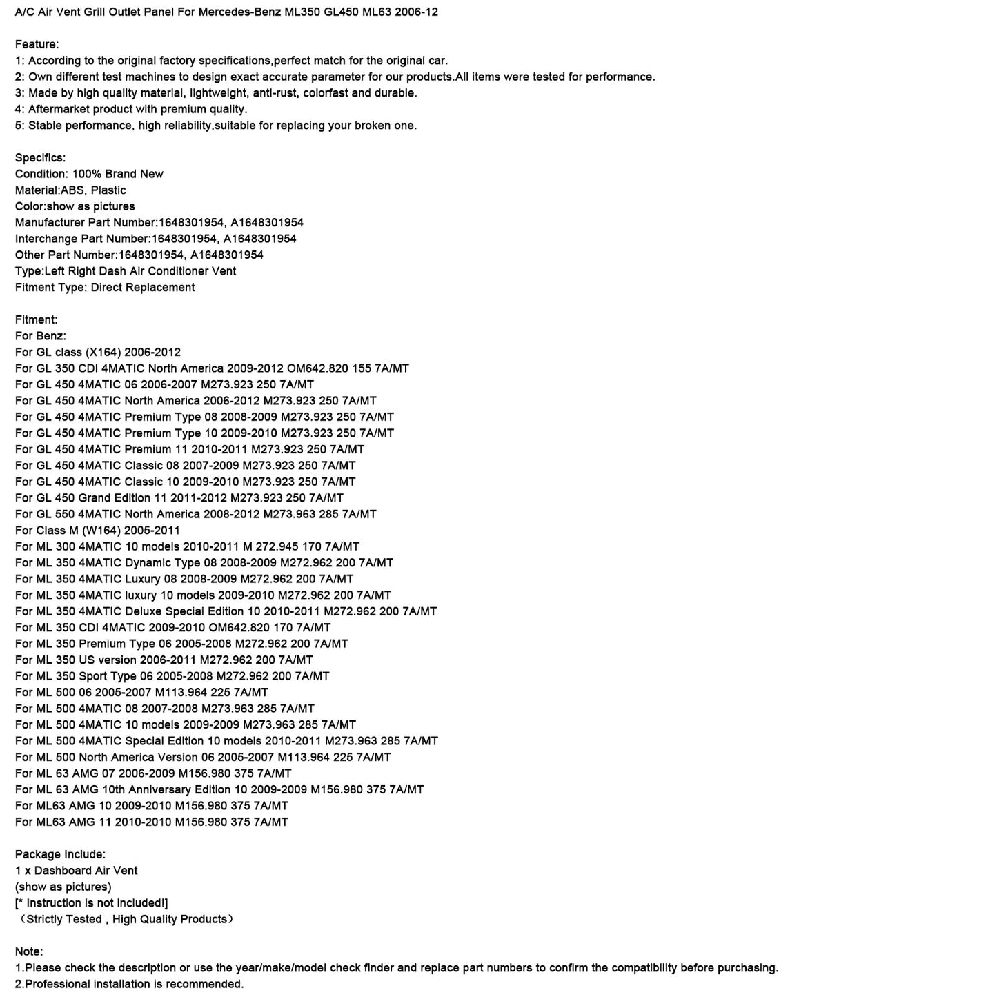 Pannello di uscita della griglia di ventilazione dell'aria condizionata per Mercedes-Benz ML350 GL450 ML63 2006-12