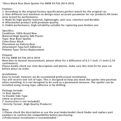 Spoiler posteriore per bagagliaio BMW X4 F26 2014-2018 nero lucido