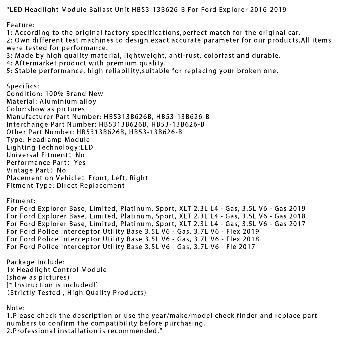Unità di controllo del modulo fari a LED HB53-13B626-B per Ford Explorer 2016-2019