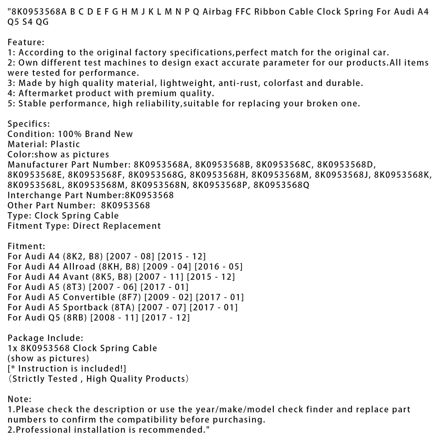 Cavo a nastro FFC per airbag Audi A5 Cabrio (8F7) 2009.02-2017.01, molla a spirale 8K0953568A BCDEFGHMJKLMNPQ