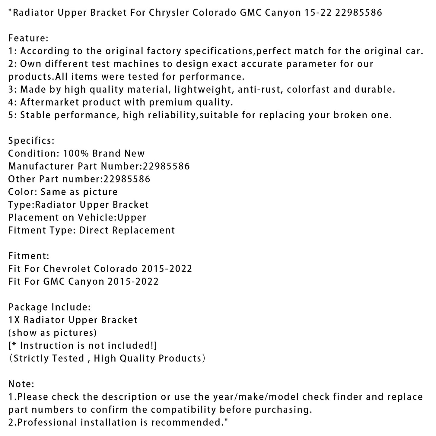 Staffa superiore del radiatore Chrysler Colorado GMC Canyon 2015-2022 22985586