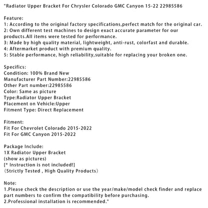 Staffa superiore del radiatore Chrysler Colorado GMC Canyon 2015-2022 22985586