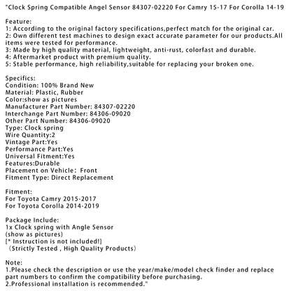 Sensore di inclinazione compatibile con molla dell'orologio Toyota Corolla 2014-2019 84307-02220