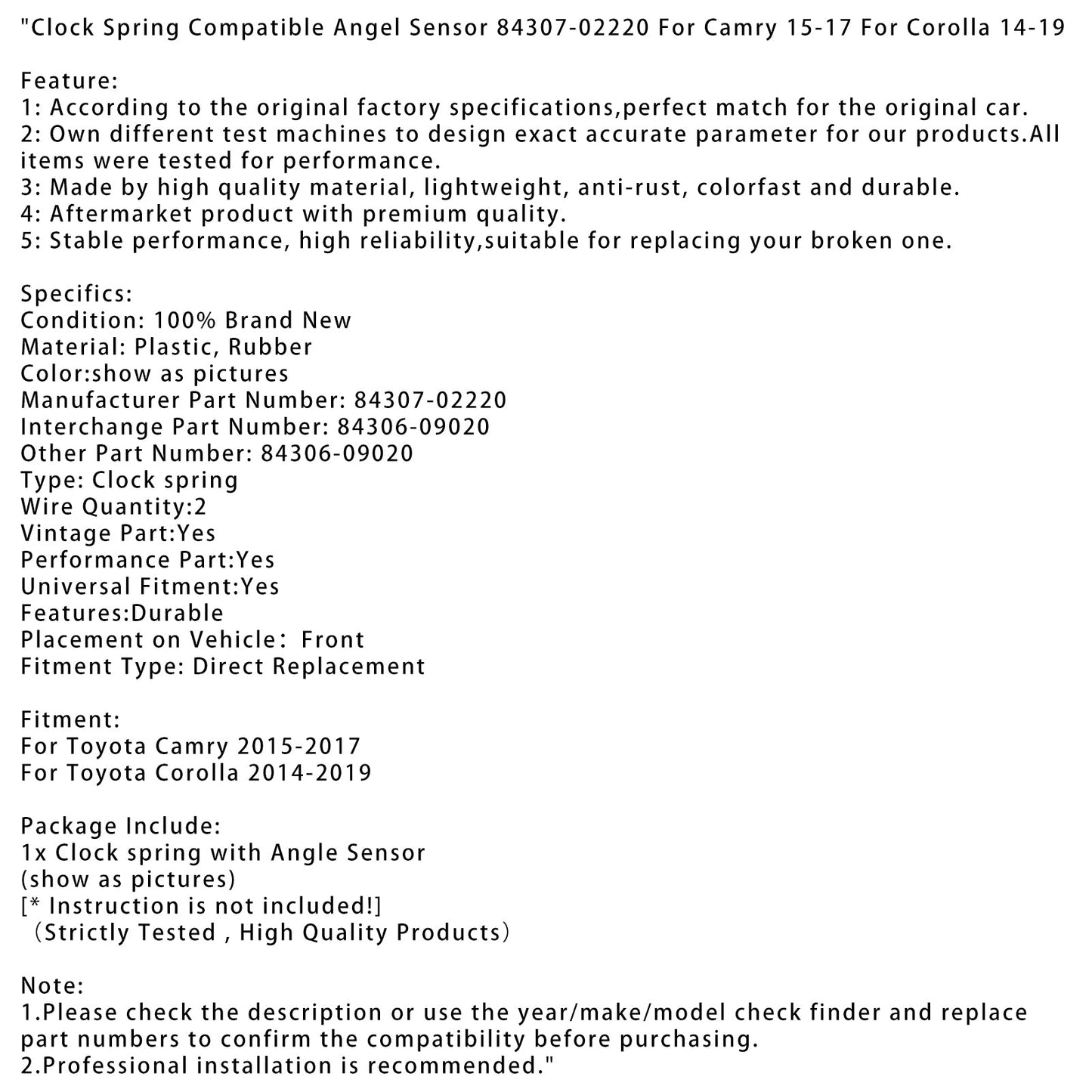 Sensore di inclinazione compatibile con molla di torsione Toyota Camry 2015-2017 84307-02220