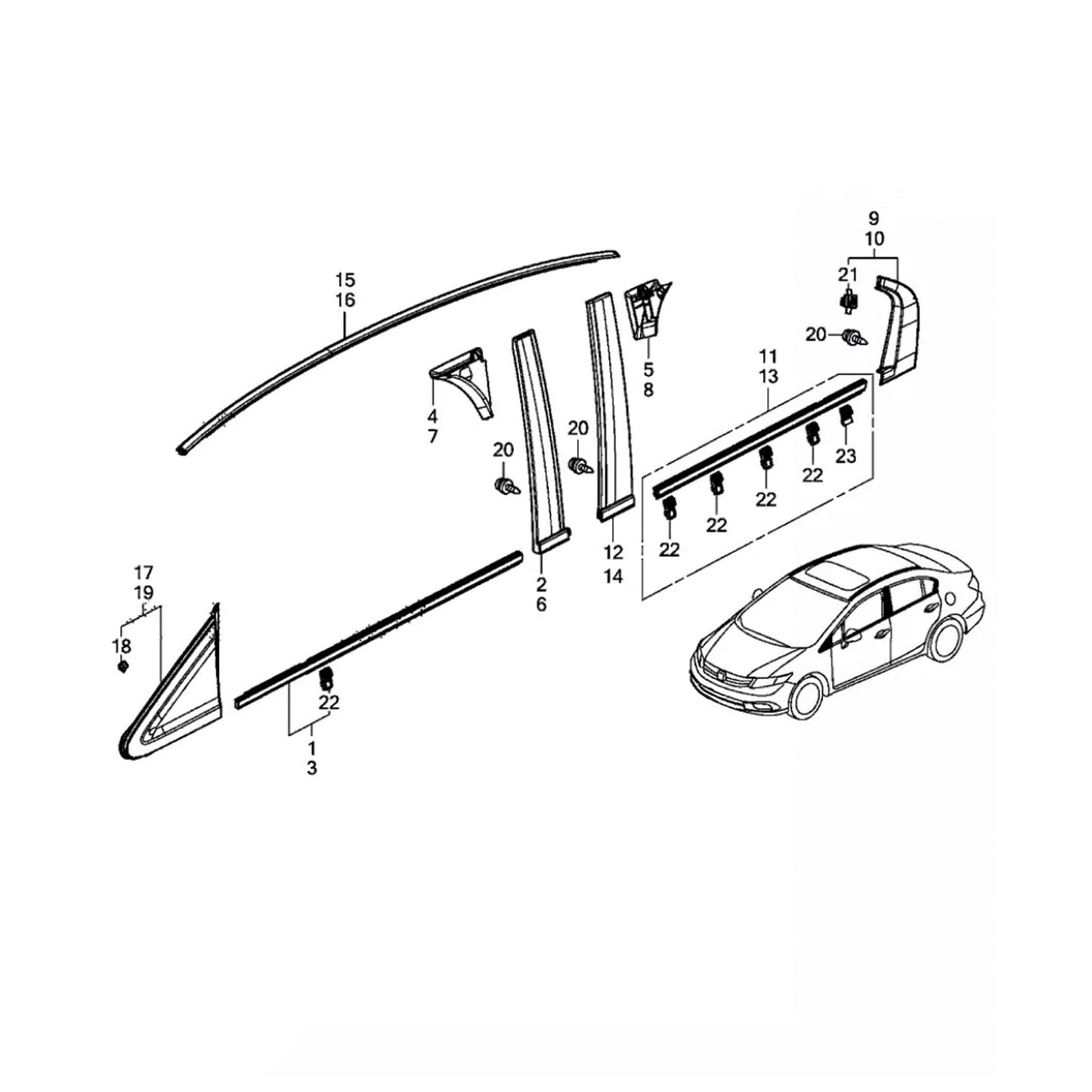 Modanatura per gocciolatoio del tetto, lato sinistro e destro, in gomma, 2 pezzi, per Honda Civic 4 porte 2012-2015