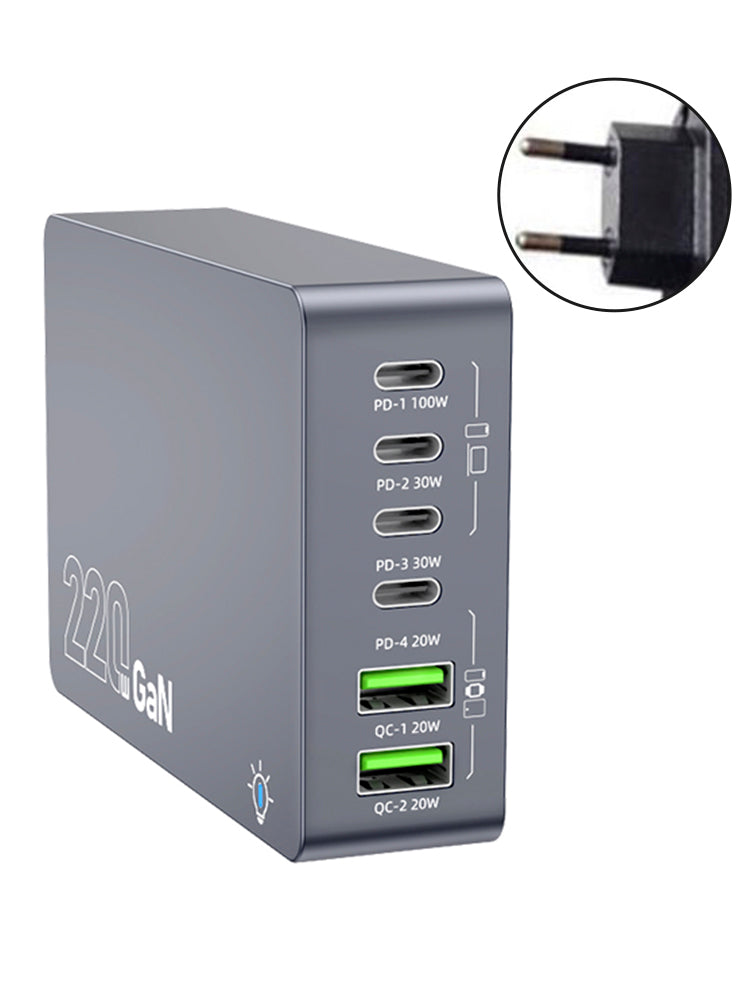 Stazione di ricarica da tavolo F8A Caricabatterie rapido USB a 6 porte Supporto di ricarica PD100W Caricabatterie intelligente Spina UE