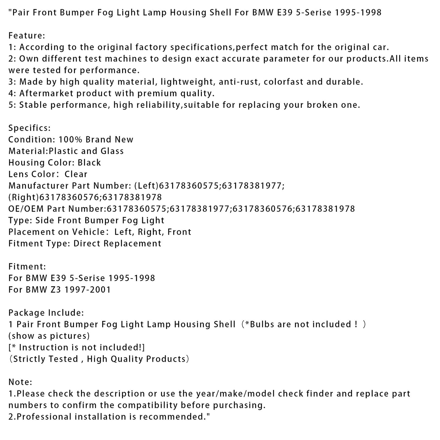 Coppia di alloggiamenti per fari fendinebbia paraurti anteriore per BMW E39 Serie 5 1995-1998