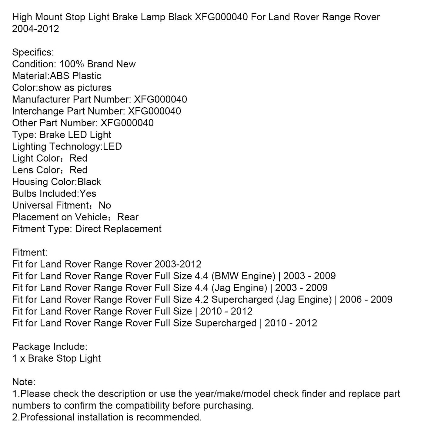 Luce di stop con montaggio alto, luce freno nera XFG000040 per Land Rover Range Rover