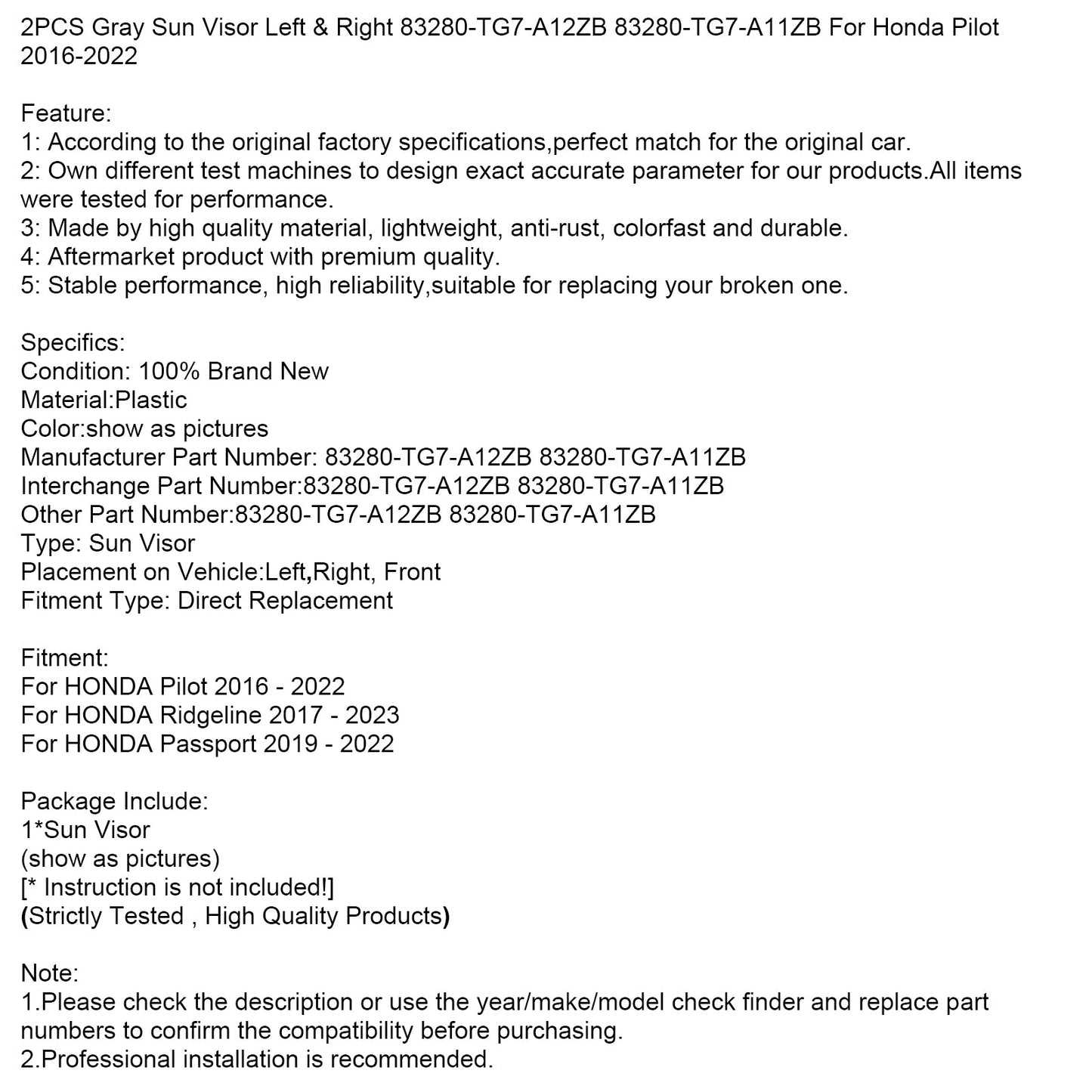 Visiera parasole grigia sinistra e destra Honda Pilot 2016-2022 2 pezzi 83280-TG7-A12ZB 83280-TG7-A11ZB