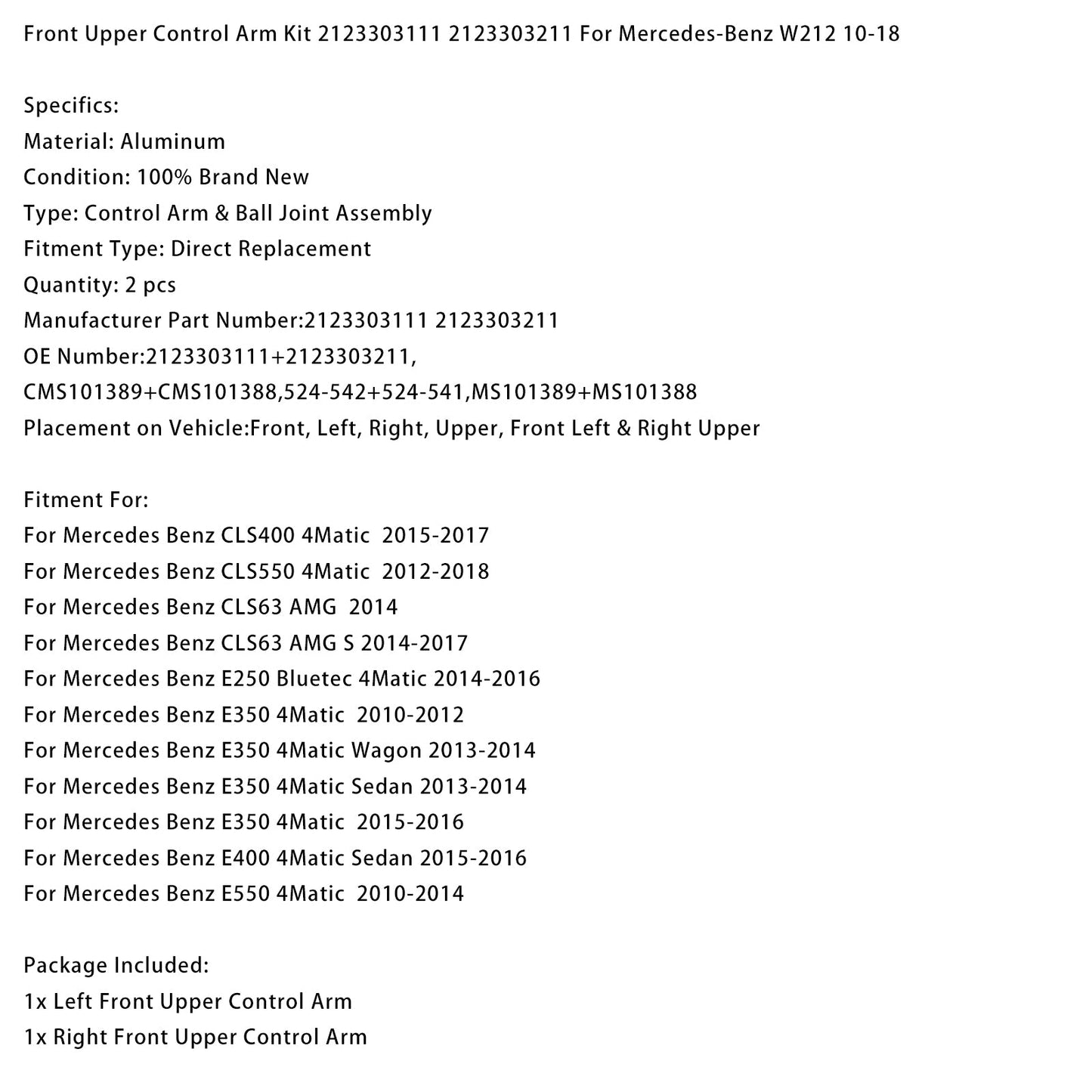 Kit braccio oscillante superiore anteriore Mercedes Benz E400 4Matic Berlina 2015-2016 2123303111 2123303211