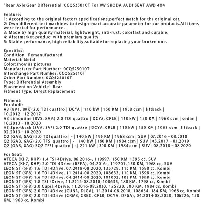 10.2012–12.2017 Audi A3 (8V1, 8VK) 2.0 TDI quattro Differenziale posteriore 0CQ525010T