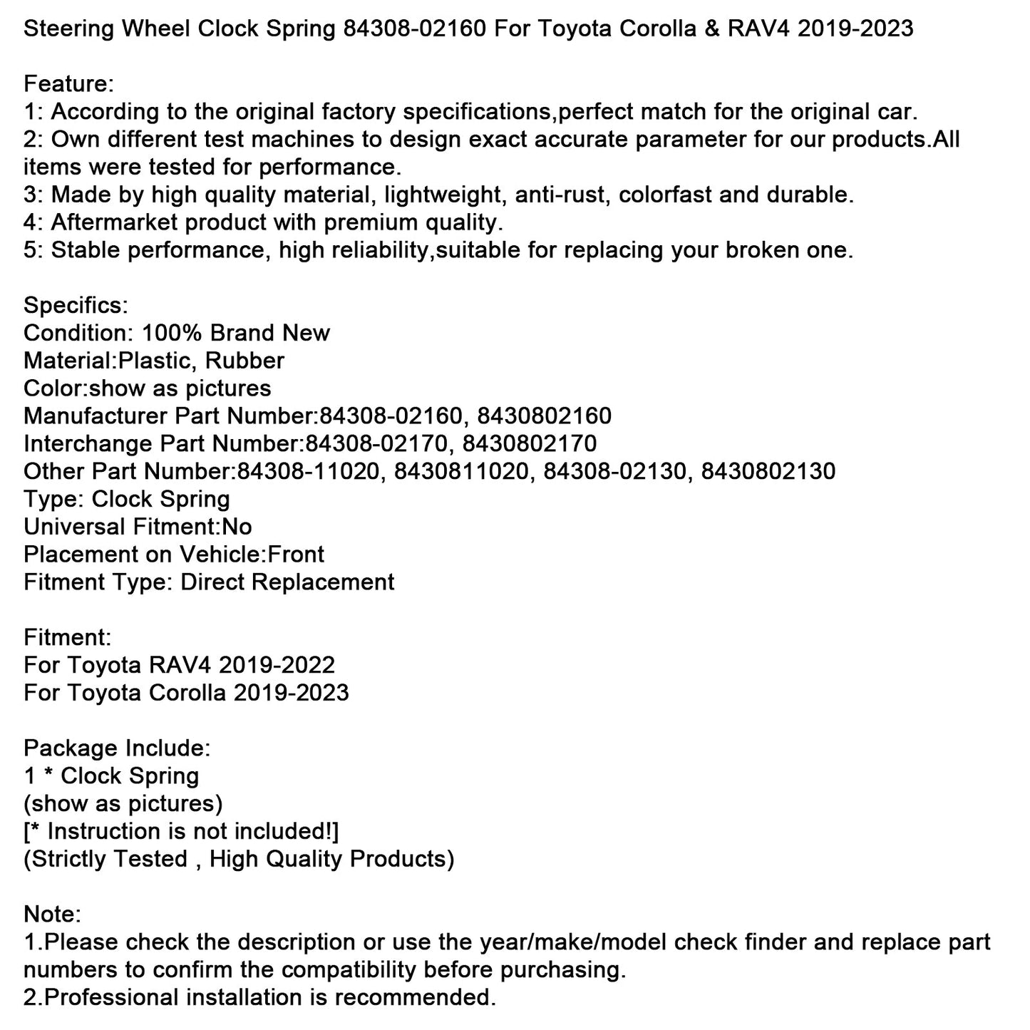 Molla dell'orologio del volante 84308-02160 per Toyota Corolla e RAV4 2019-2023