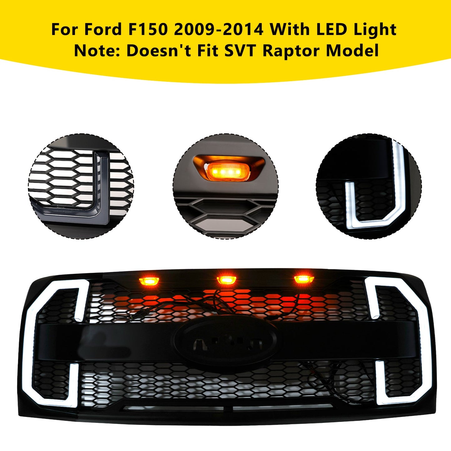 Griglia paraurti anteriore stile Raptor nero opaco Ford F150 2009-2014 con LED