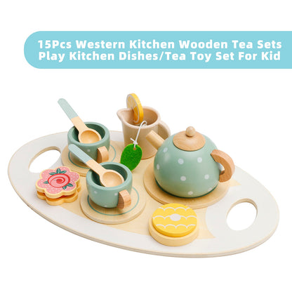 15 pezzi set da tè in legno da cucina occidentale, piatti da cucina giocattolo/set da tè per bambini
