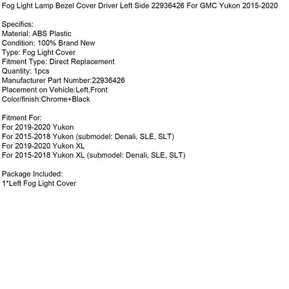 Copertura della cornice della lampada fendinebbia lato guidatore sinistro 22936426 per GMC Yukon 2015-2020