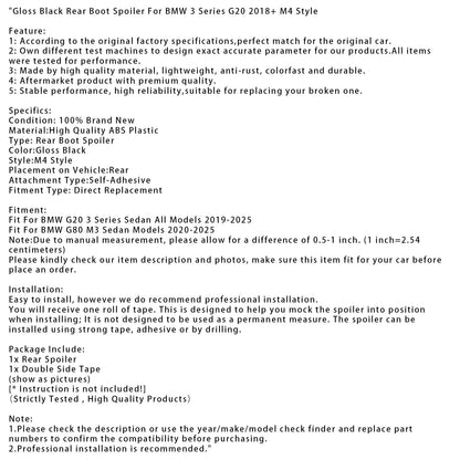 Spoiler posteriore nero lucido per BMW Serie 3 G20 G80 2018+ stile M4