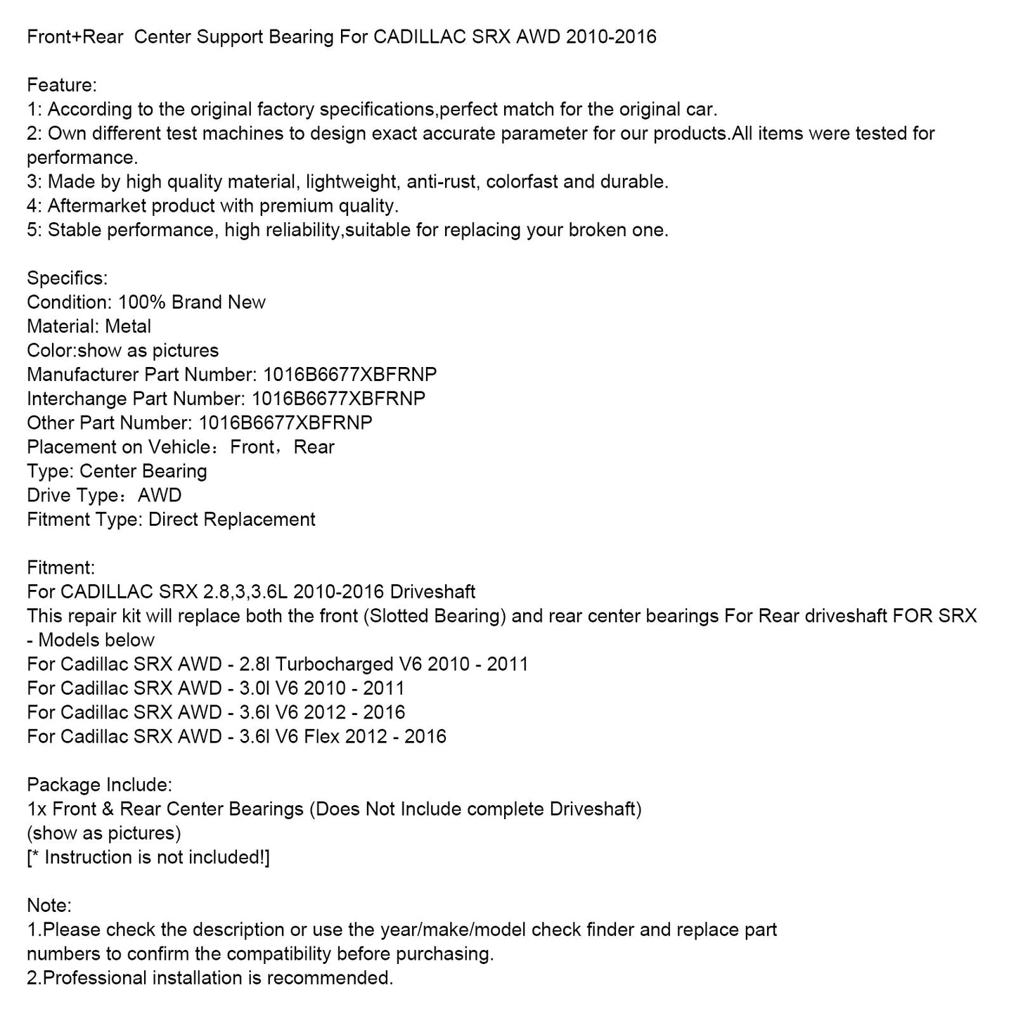 2012-2016 Cadillac SRX AWD - Cuscinetto di supporto centrale anteriore+posteriore Flex V6 da 3,6 l 1016B6677XBFRNP
