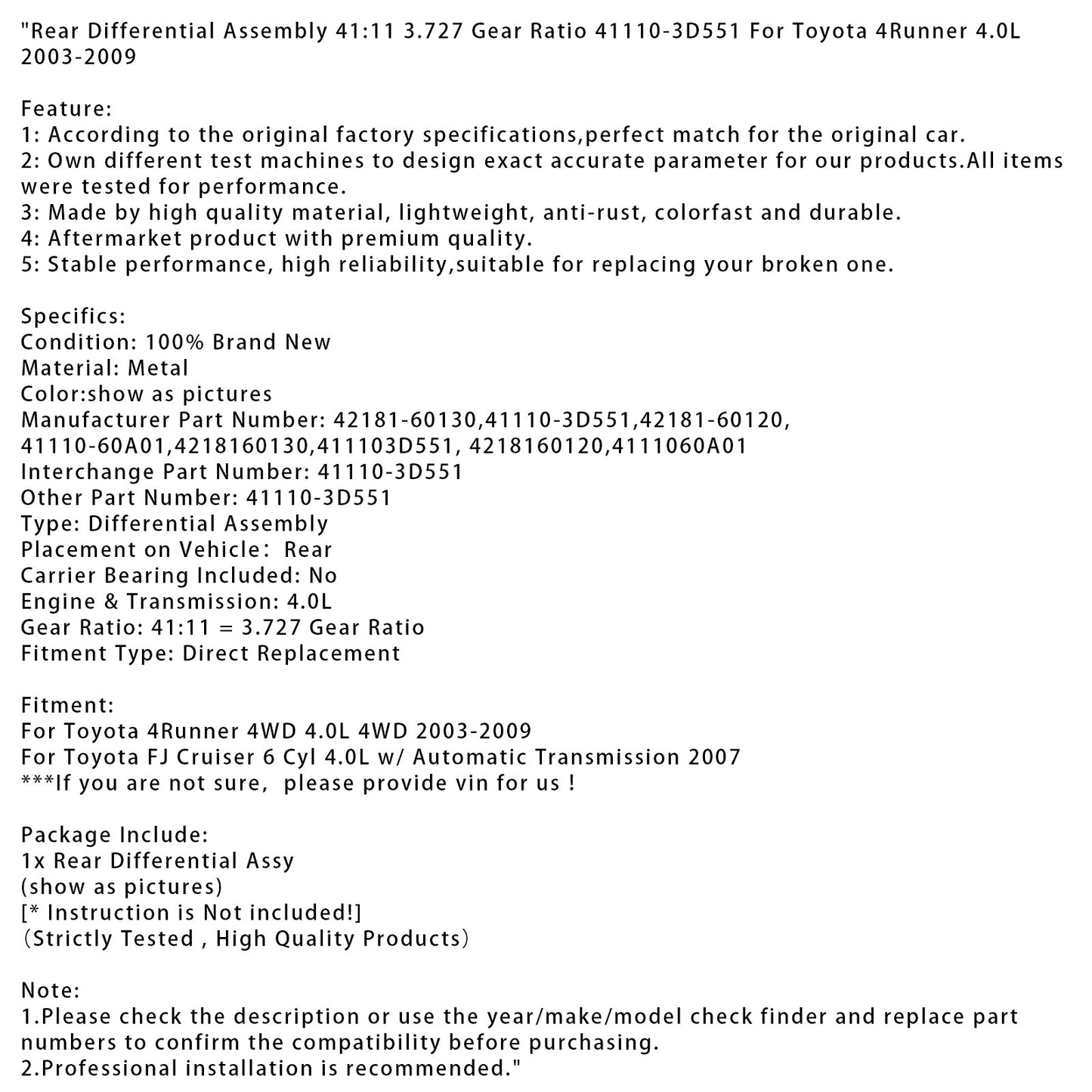 2003-2009 Toyota 4Runner 4WD 4.0L 4WD Gruppo differenziale posteriore 41:11 Rapporto di trasmissione 3.727 42181-60130