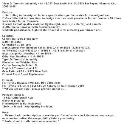 2003-2009 Toyota 4Runner 4WD 4.0L 4WD Gruppo differenziale posteriore 41:11 Rapporto di trasmissione 3.727 42181-60130