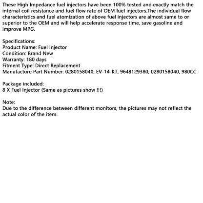 Iniettore di carburante 8 pezzi 980CC 0280158040 compatibile con valvola ugello Bosch EV14KT benzina