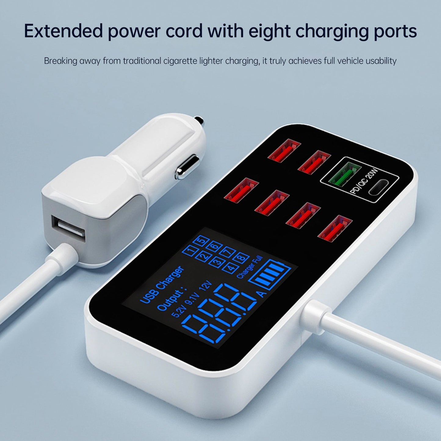 Caricabatterie USB PD5V1A QC3.0 con display, piccolo caricabatteria per auto a 8 porte, accendisigari