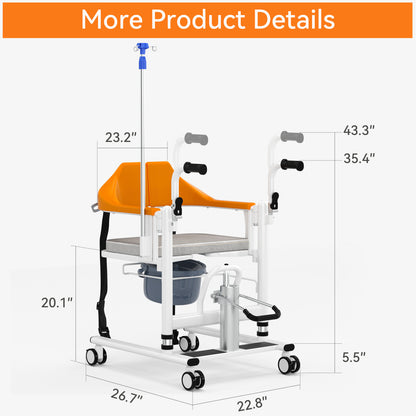 Sedia per pazienti allargata Sedia a rotelle idraulica per trasferimento Sedia a rotelle con sedile diviso a 180°