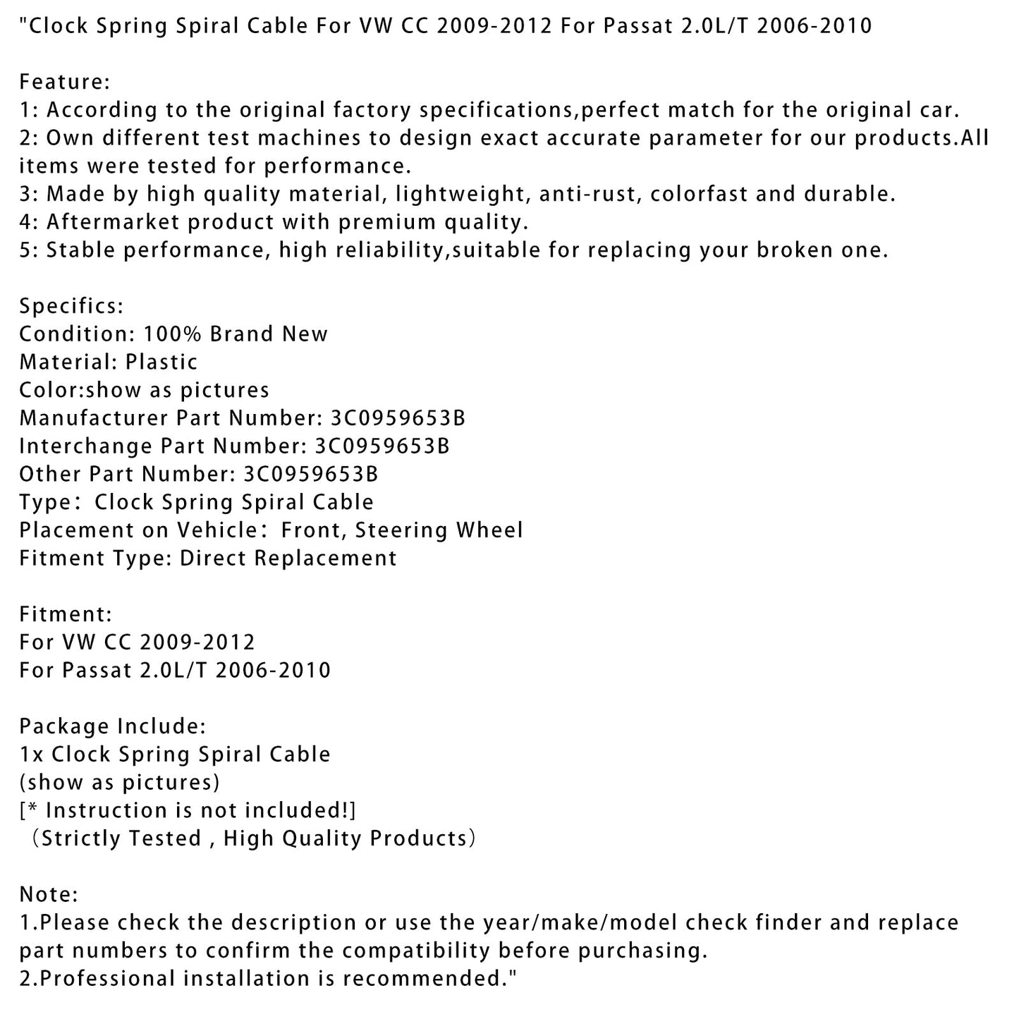 Cavo a spirale con molla di ritorno per VW CC 2009-2012 per Passat 2.0L/T 2006-2010