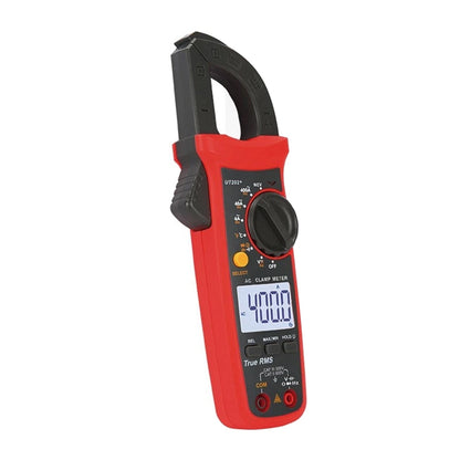 Multimetro portatile UT202+ con selezione automatica della portata, misuratore True RMS a pinza e display LCD.