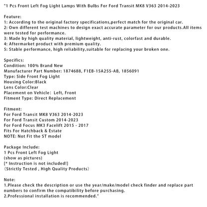 1 pz. Fari fendinebbia anteriori sinistri con lampadine per Ford Transit Custom 2014-2023