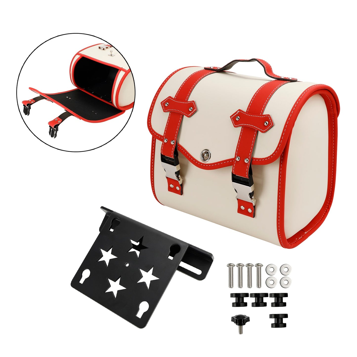 Set di borse laterali a sgancio rapido con staffa, colore bianco, per riporre bagagli su moto.