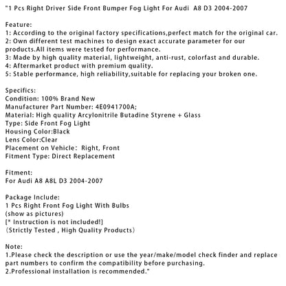 2004-2007 Audi A8 D3 1 pz. Fendinebbia paraurti anteriore lato guida destro