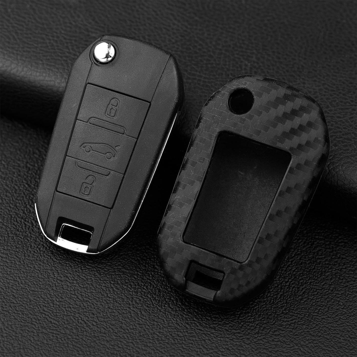 Custodia in similpelle e silicone per chiave auto Peugeot con fibbia