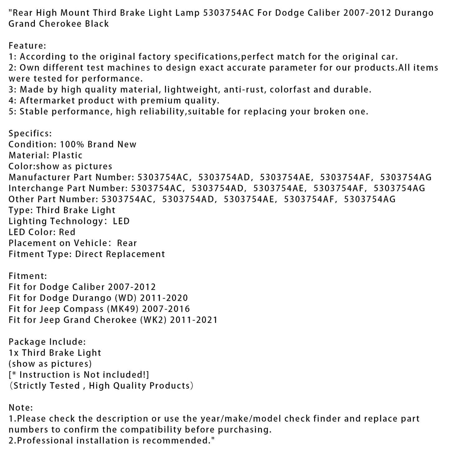 Lampada luce freno posteriore alta per Dodge Caliber 2007-2012