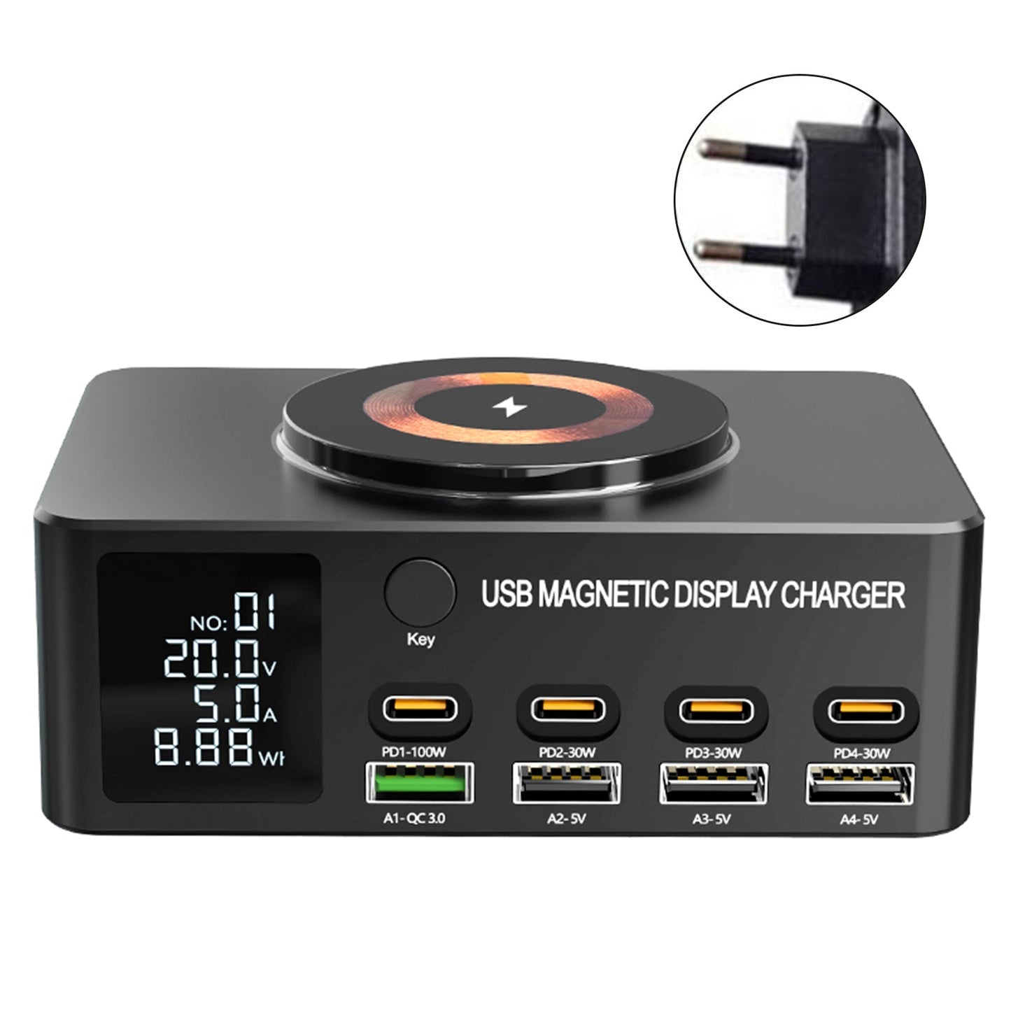 Caricabatterie rapido da 140 W con display digitale intelligente PD100W per telefoni cellulari e notebook, caricabatterie multiporta USB magnetico con ricarica wireless, spina UE