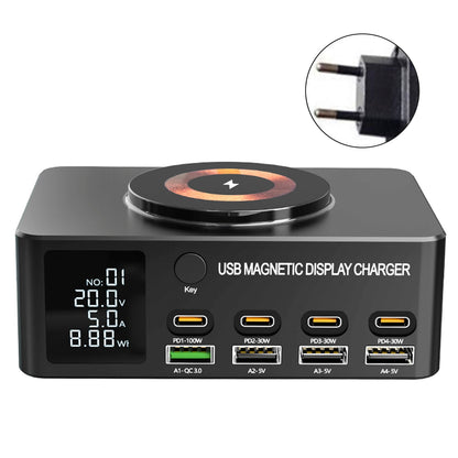 Caricabatterie rapido da 140 W con display digitale intelligente PD100W per telefoni cellulari e notebook, caricabatterie multiporta USB magnetico con ricarica wireless, spina UE