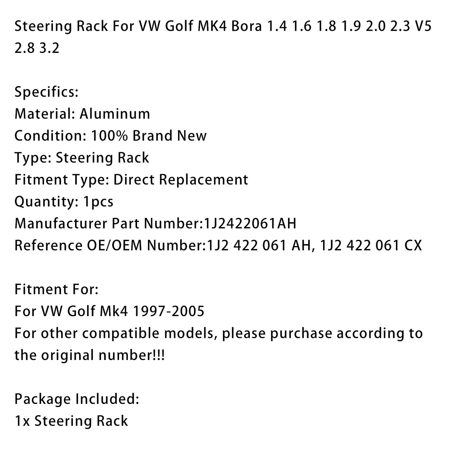 1997-2005 VW Golf MK4 Guida a destra 1J2422061AH Cremagliera dello sterzo